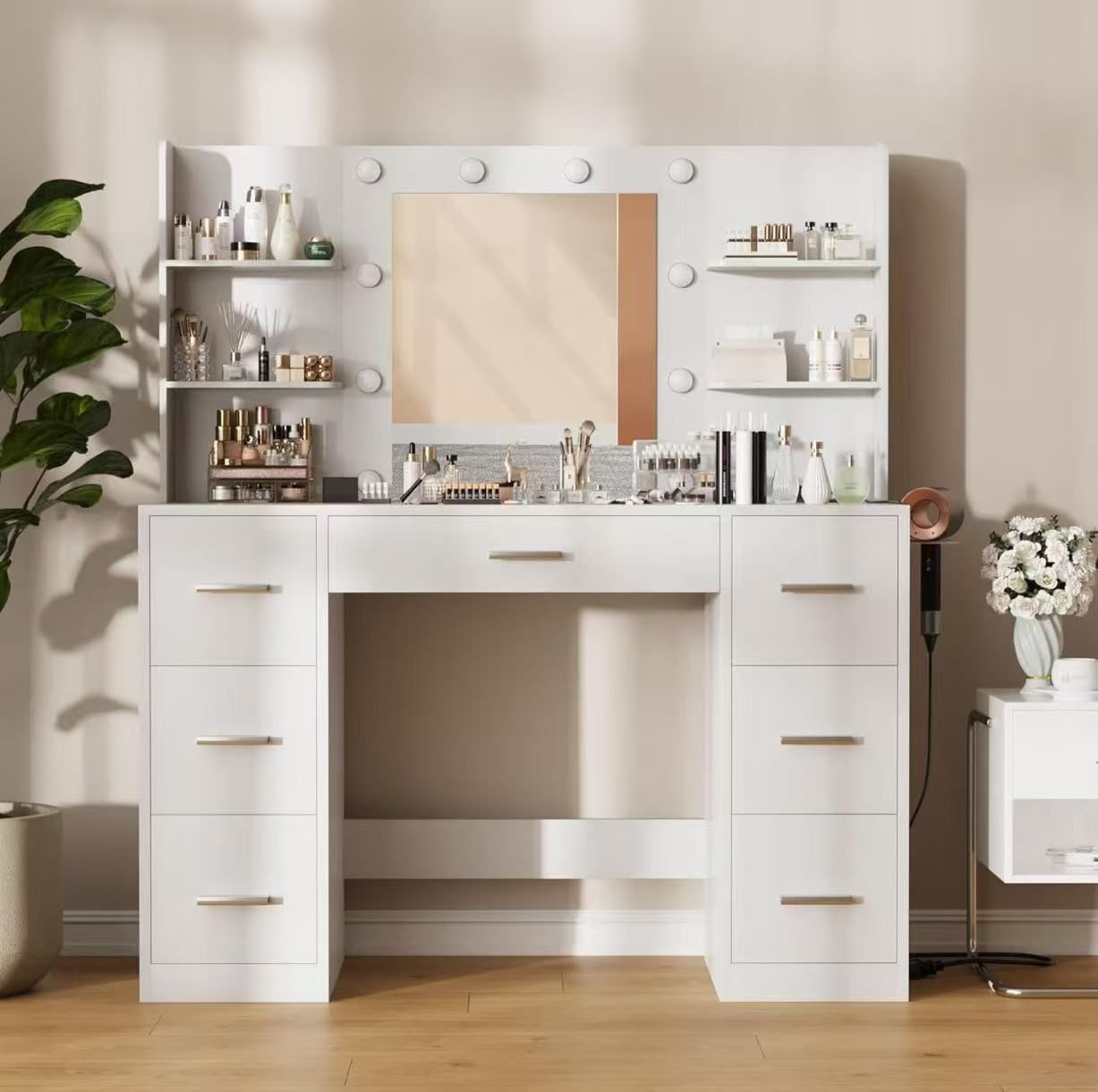 ❤️ Vanity Desk with Mirror, LED Lights and Power makeup (White)