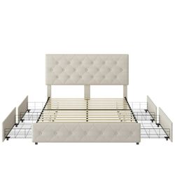 Queen Storage Bed, Upholstered Platform with 4 Drawers & Adjustable Headboard