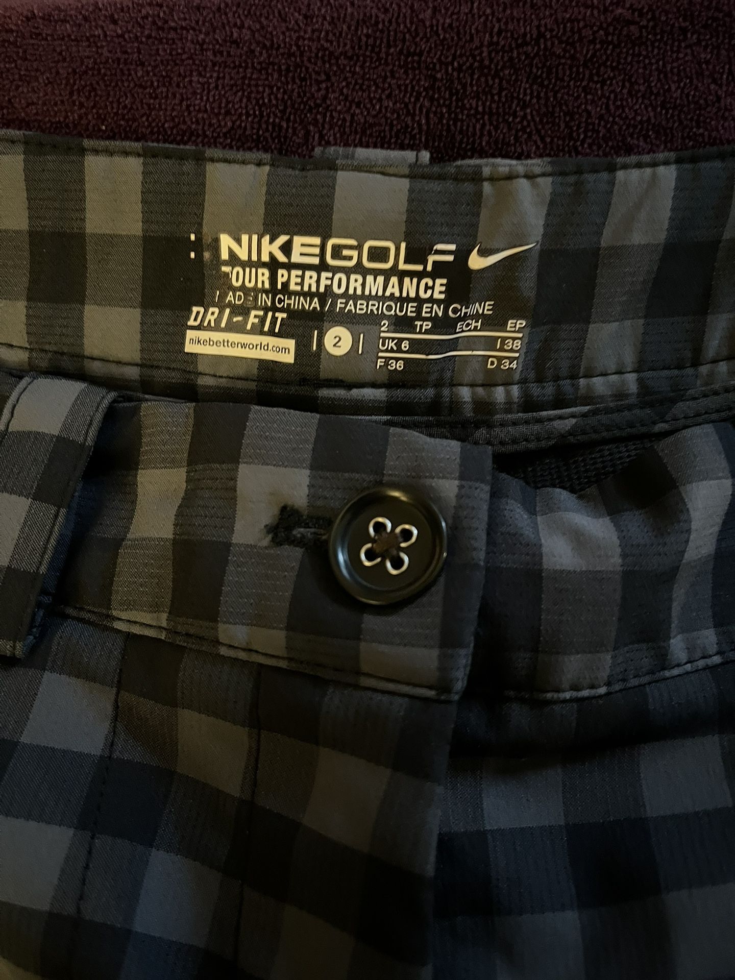 Nike Golf Tour Performance Gray Black Plaid Dri Fit Golf Pants Size M