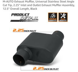 M-AUTO Exhaust Muffler, Universal Stainless Steel Angle Cut Tip, 2.25" Inlet and Outlet Exhaust Muffler Assembly, 12.5" Overall Length, Black PRODUCT 