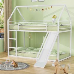 White Metal House Bunk Bed with Slide