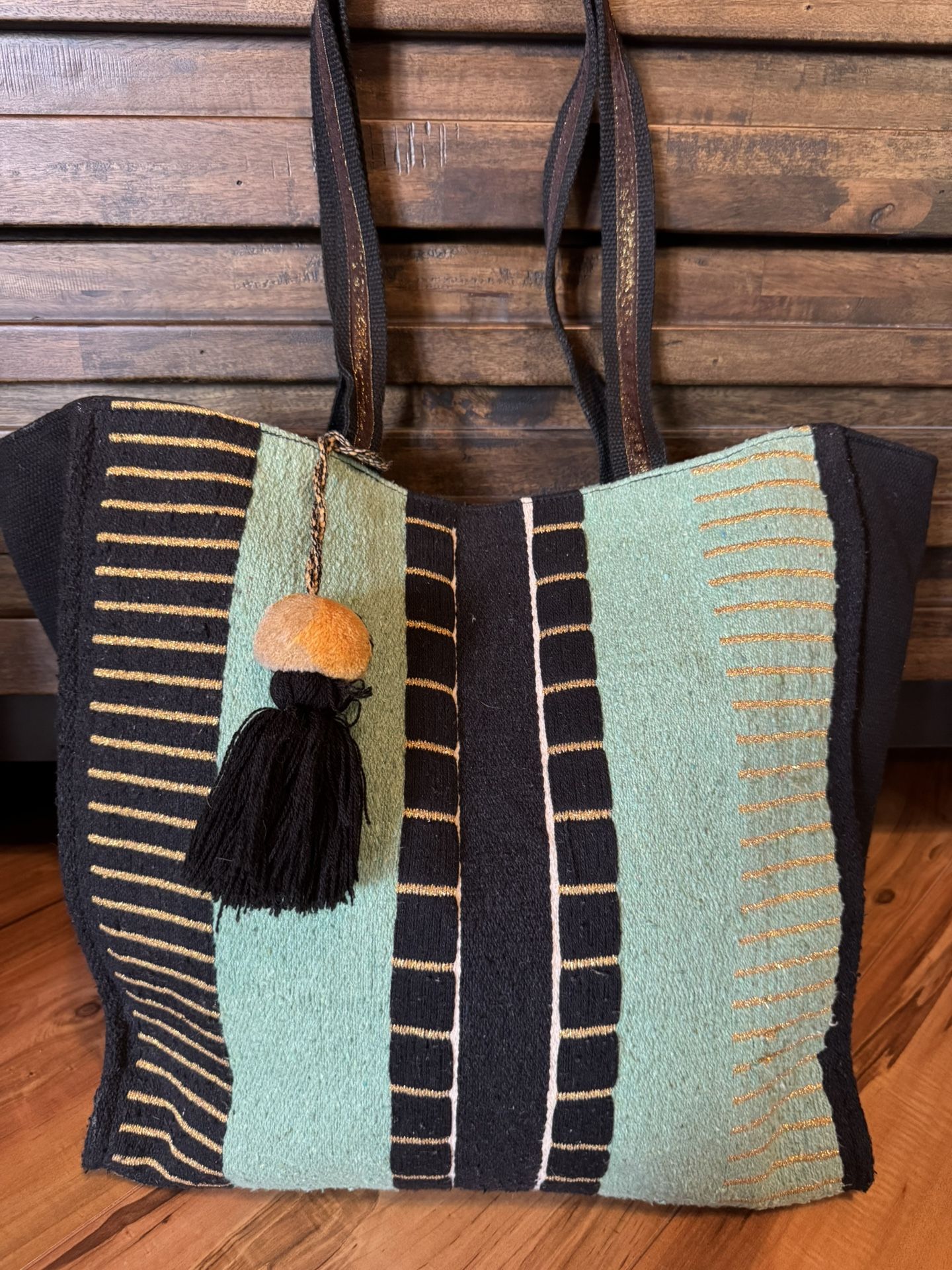 America and Beyond Embellished Tote Tassel Green And Black Beach Travel EUC
