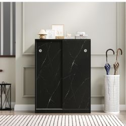 Marble Black Shoe Cabinet with Sliding Door & 6 Layers - Storage for 30+ Pairs