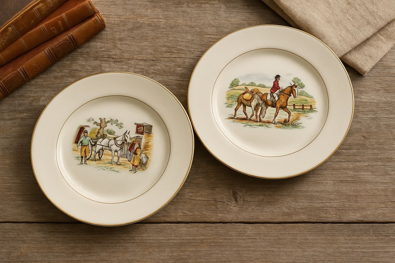 Staffordshire England 1950s Bygone Days Horse & Tavern Scenes Set Of 8 Plates