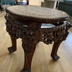 Antique Early 1900’s Marble Top, heavy Carved sides and legs table 15”high, 14”x14” to  