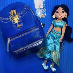 Loungefly Disney Aladdin Bundle - Mini Backpack, Bag Charm/Keychain and Jasmine Plush - ALL NWTs  