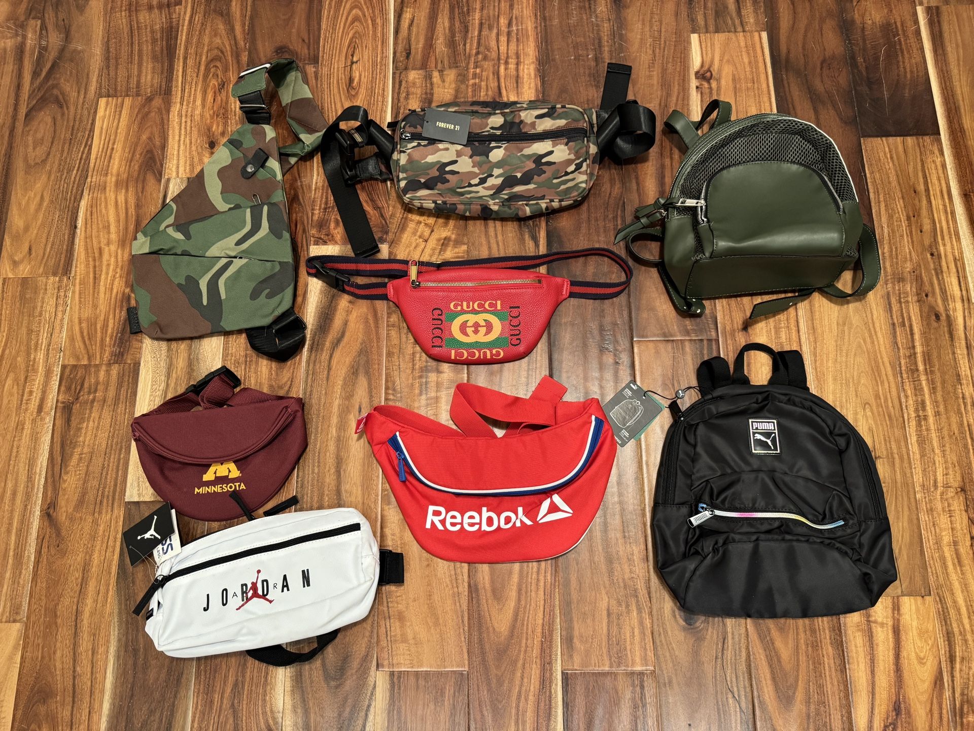 Lot of 8 Bags - Jordan, Reebok, Puma, Forever 21, Camouflage – Waist Bags & Backpacks