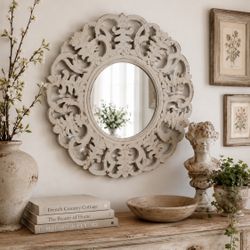 Vintage Style French Country Distressed Scroll Wall Hanging Mirror Cottage Chic Greige Ornate Decor 
