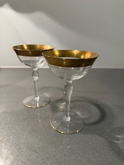 Vintage Gold-Encrusted Floral Champagne Coupe / Tall Sherbet Glasses – Attributed Tiffin-Franciscan