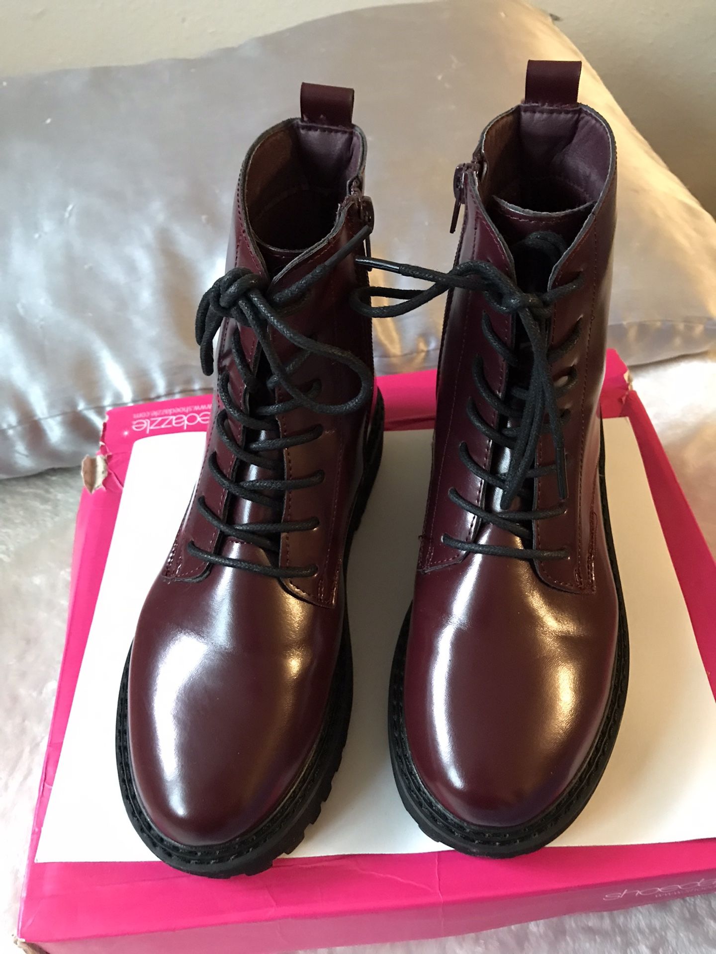 Maroon Leather Combat Boots