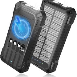 Brand New Unopened    Solar Power Bank 49800mAh - Wireless Portable Charger 15W Fast Charging with 4 Built-in Cables. Equipped with a Powerful Flashli