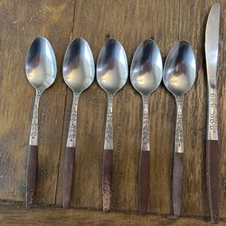Interpur CANOE MUFFIN Stainless Teaspoons/ Knife Faux Wood Handle Scroll MCM 6 pc