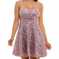 Juniors' Sequined Lace Fit & Flare Dress Size Large