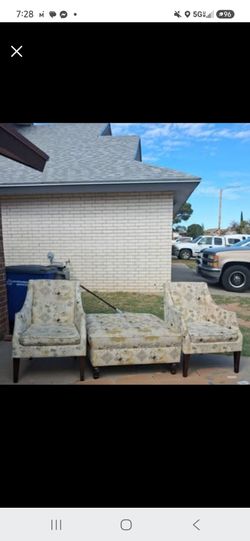 Two upholstered accent chair vintage French script, butterfly, and damask-style pattern and Ottoman