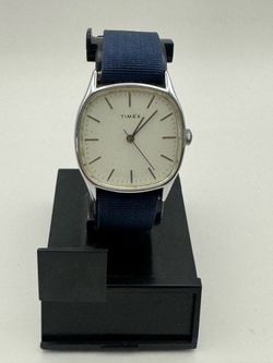 Rare Vintage Timex Cushion Silver Case White Dial Blue Nylon Strap, running