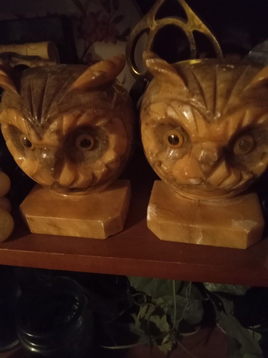 Alabaster Marble Vintage Owl Book Ends .
