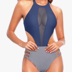 Tempt Me Women One Piece Sexy Mesh Swimsuit High Neck Halter Cutout Monokini Swimwear