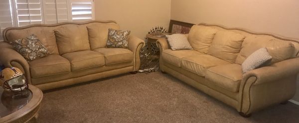 Ashley Furniture Leather Sofa With Nailhead Trim Mustard Color