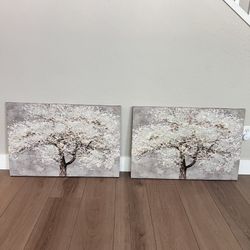 TWO 36x24 Large Grey/Silver/White Textured Tree Canvas Artwork Wall Art