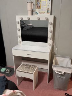 White Vanity Desk with Mirror and Stool