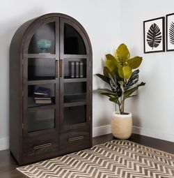 Elegant Glass-Door Cabinet with Drawers – Solid Mango & Teak Wood, Black Finish