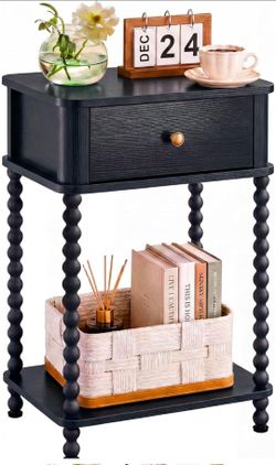 Black Mid Century Modern Nightstand Side Table with Drawer & Shelf 15.7" x 11.8" x 23.8"