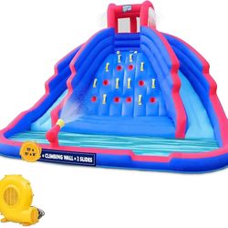 Sunny & Fun Ultra Climber Inflatable Water Slide Park – Heavy-Duty for Outdoor Fun - Climbing Wall, Two Slides & Splash Pool – Easy to Set Up & Inflat