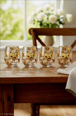 NEW McKenzie Childs Wild Rose Stemless Wine Glasses Floral Design Gold LustreRim