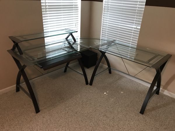 Sharper Image Glass Computer Office Desk L Shape Corner For Sale