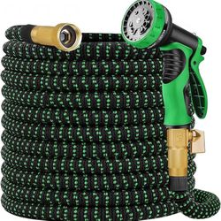  Expandable Garden Hose 100 ft - Kink Free Flexible Water Hose 100ft with 10 Pattern Spray Nozzle, 3/4 Solid Brass Connectors, Retractable Latex Core