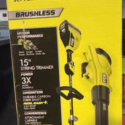 RYOBI 40V HP Brushless 600 CFM 155 MPH Cordless Leaf Blower and Carbon Fiber String Trimmer with 4.0 Ah Battery and Charger