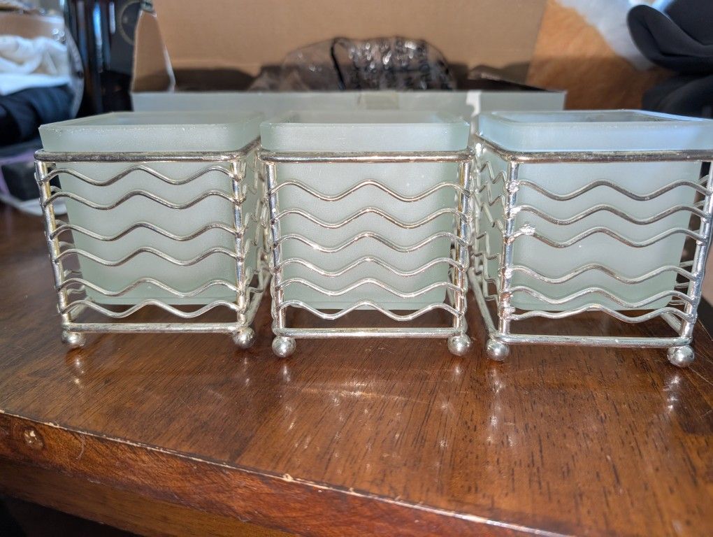 Set Of 3 Candle Holders, Glass And Metal