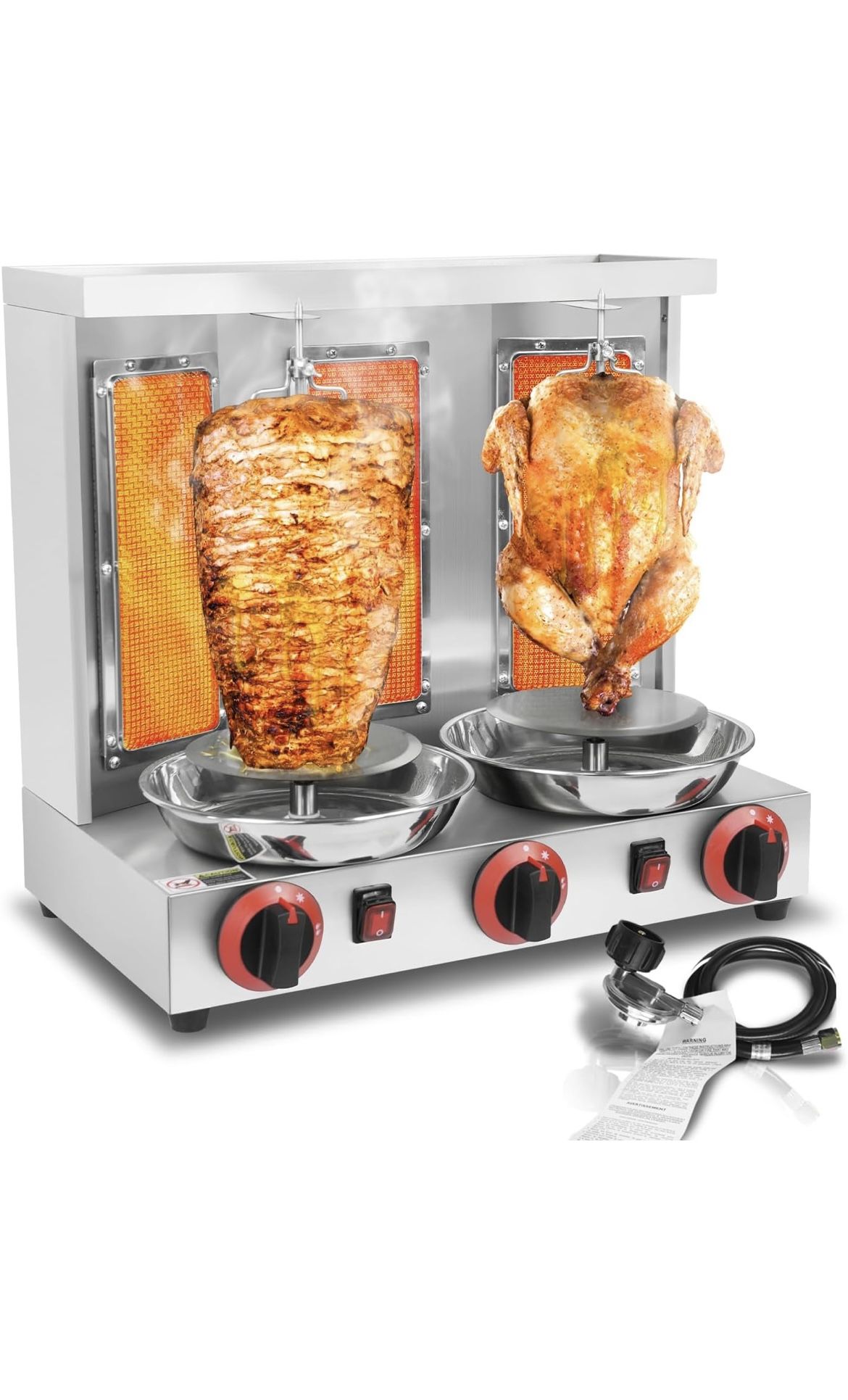 3 Burners Shawarma Grill Machine Gas Vertical Rotisserie Chicken Machine, 30 lbs Capacity Countertop Rotating Broiler Gyro Meat, 110V