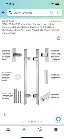 TOGU TG-6018 36 inches Solid Heavy-Duty Commercial Grade-304 Stainless Steel Push Pull Door Handle/Barn Door Pull Handle/Glass Pulls, Mirror