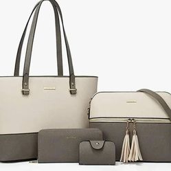 Synthetic leather 4-piece handbag sets, NEW, $60/set. Beige/gray and black/beige available 