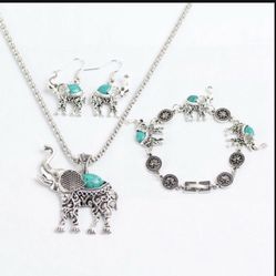 *SALE PRICE* Beautiful Created Turquoise Tibetan Elephant Necklace Earrings Bracelet Jewelry Set *See My Other 600 Items*