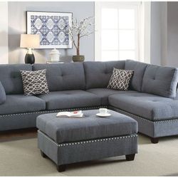3 PC SECSIONAL SOFA BLUE GREY NEW IN BOX REVERSIBLE L/ R CHAISE