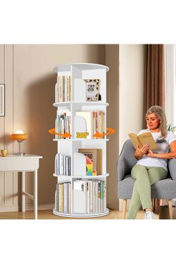 Round Rotating Vertical Bookshelf with 4 Shelves – White