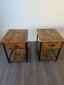 Set of 2 Rustic Industrial Nightstands – Wood & Black Metal