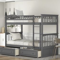 Pine Wood Convertible Twin over Twin Bunk Bed with Storage 2 Drawers, Gray  With mattresses