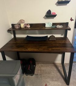 Rustic Wood and Metal Desk with Hutch Shelf