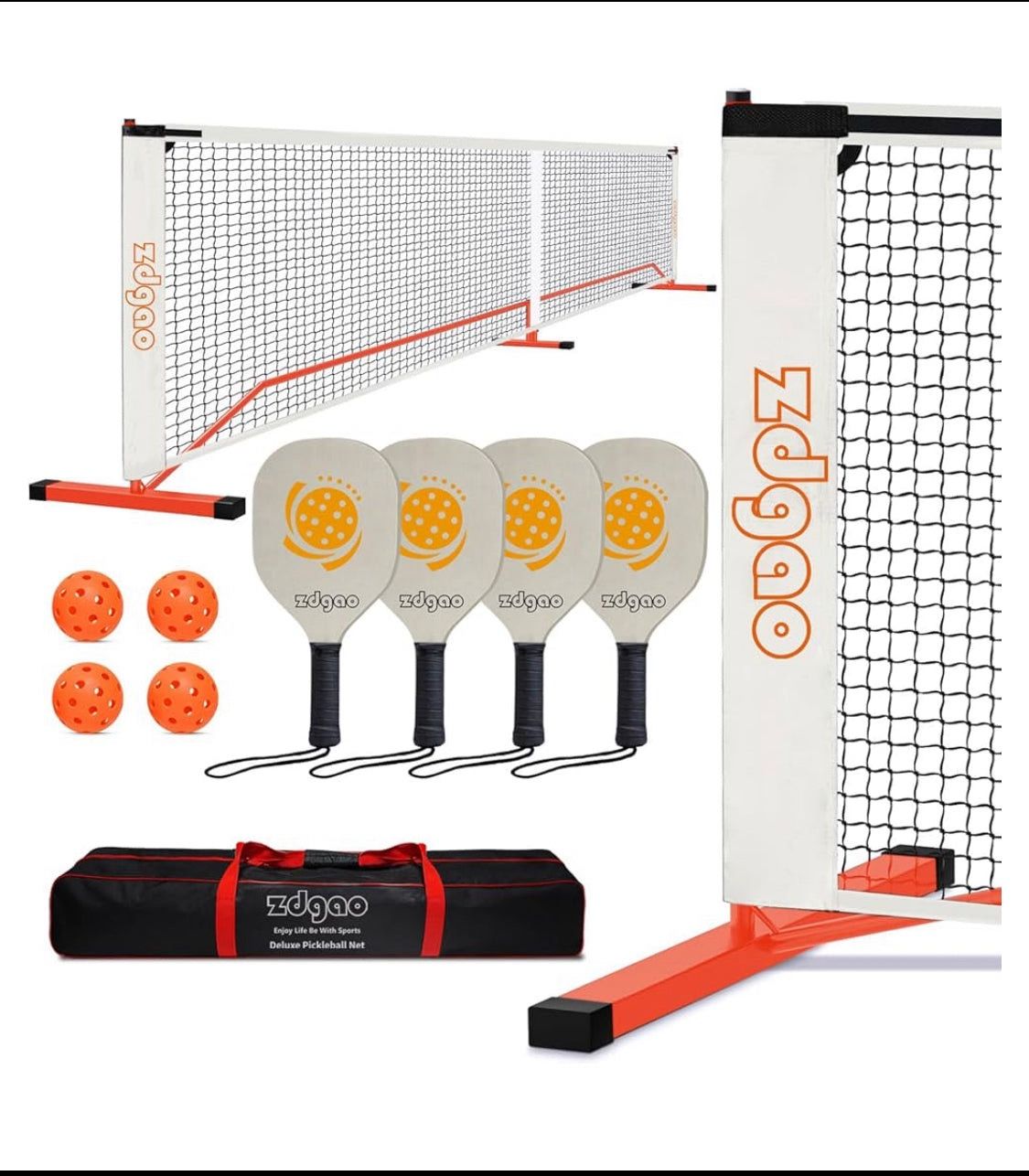 New Open Box Zdgao 22’ Pickleball Net Set, 4 Balls, 4 Paddles, Carrying Bag & Weather Resistance Strong Steel Frame, Orange