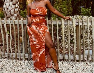 Rust Tropical Print One-Shoulder Maxi Dress