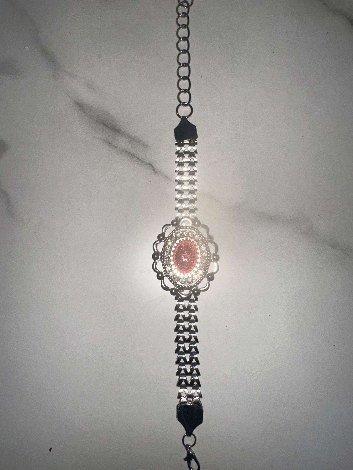Vtg Style Silver Tone Bracelet Red Oval Rhinestone Center Jewelry