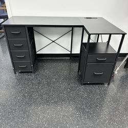 Black L Shape Desk w/ Drawers and Outlet Charging Ports