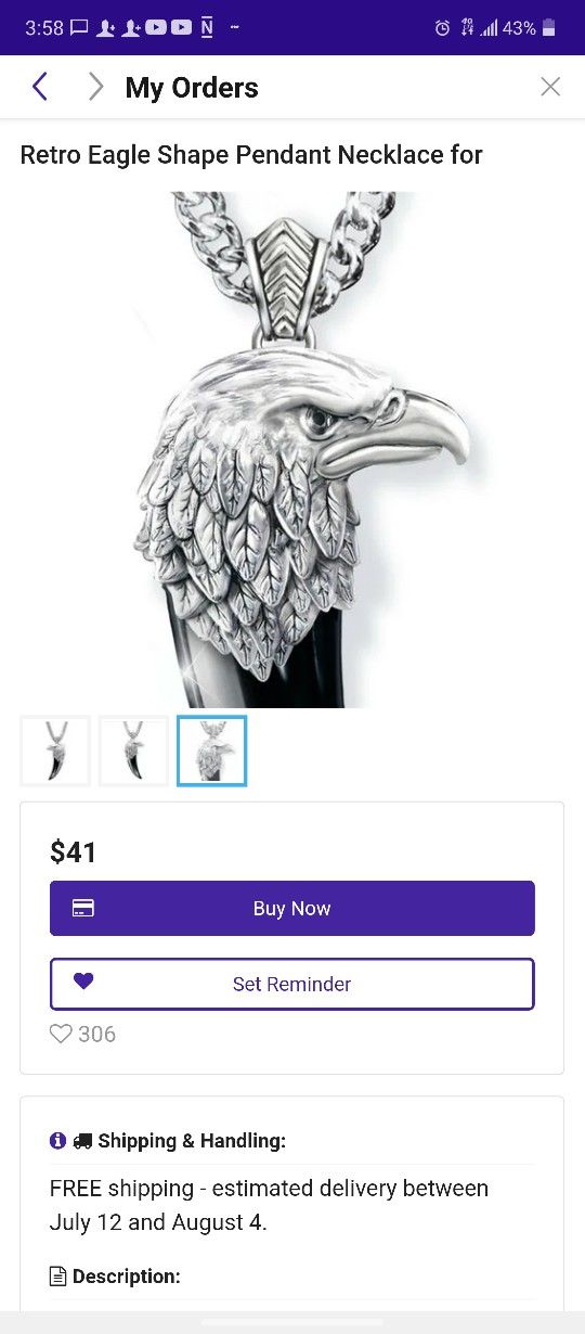 .925 STERLING SILVER NECKLACE AND EAGLE SHAPE PENDANT