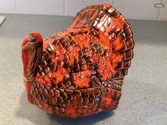 Vtg. Ceramic Thanksgiving Turkey Lidded Candy Dish, Centerpiece etc. Orange Brown Drip Glaze Autumn Holiday Decor