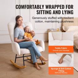 503^Rocking Chair Nursery, Glider Rocking Chair with Soft Seat and High Backrest, 250 lbs Weight Capacity Teddy Fabric, Upholstered Glider Rocker Chai