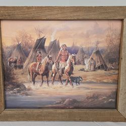 Vintage Native American Print M Caroselli FATHER&SON Wolves 1993 19"x23"