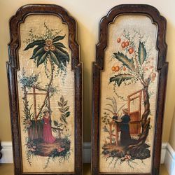 2 Vintage Decorative Detailed Chinese Wood Composite Panels Art Set